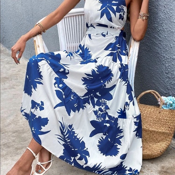 Boho gypsy tropical leaves print open back dress - Picture 4 of 8